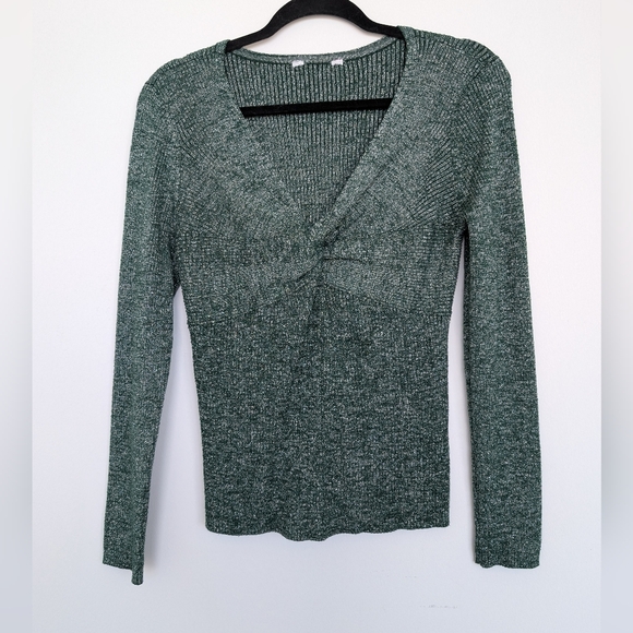 Metallic Green Silver Twist Front V Neck Rib Knit Long Sleeve Stretch Blouse - Picture 4 of 15